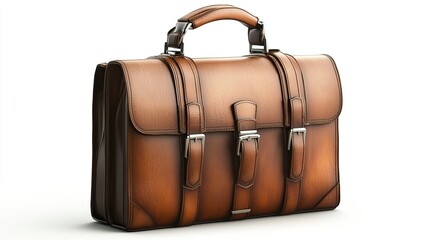 Dark brown and vintage leather suitcase with handle isolated on white background