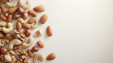 Whole nut mix including almonds, cashews, and walnuts on white