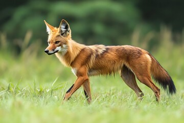Portrait of a maned wolf walking in a field of green grass wildlife photography animal nature outdoor view