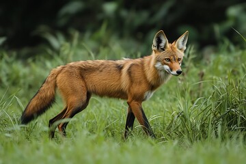 Red fox vulpes vulpes wildlife animal portrait in green grass field nature photography image stock photo