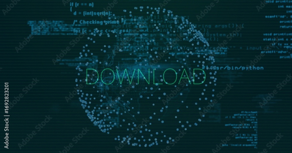Poster displaying spherical network with glowing blue nodes in app dashboard, with download text and code