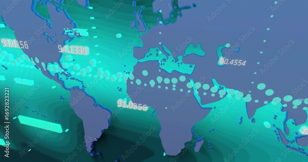 Poster showing digital world map floating over gradient with data lines, bar nodes and numeric overlays