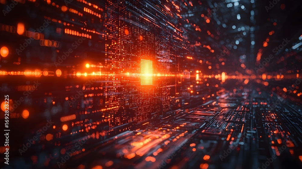 Aufkleber abstract digital data tunnel with glowing orange and blue lights symbolizing technology and data flo