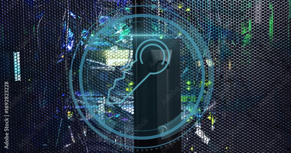 Poster glowing status leds illuminating server rack behind mesh door in data center, showing lock overlay