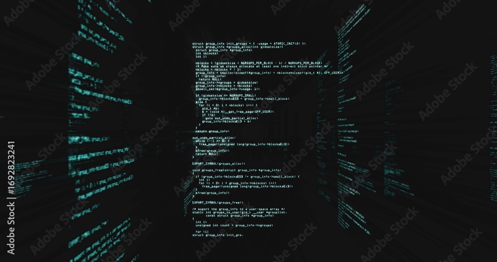 Poster floating vertical code panel streaming through dark void, with text lines and data planes
