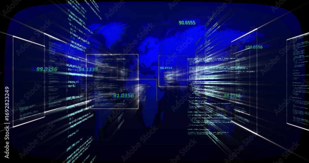 Poster floating world map silhouette drifting through code panels in visualization space, light streaks