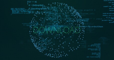 Displaying spherical network with glowing blue nodes in app dashboard, with DOWNLOAD text and code