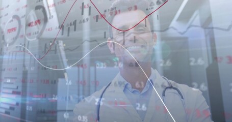 Male doctor wearing lab coat, stethoscope in server room showing financial chart data