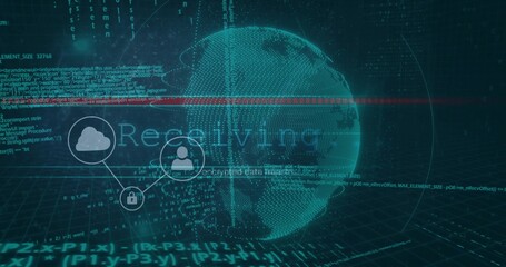 Displaying point-cloud globe with red line, network icons and code in cyberspace, resolving overlay