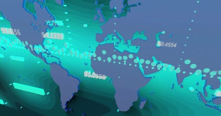 Showing digital world map floating over gradient with data lines, bar nodes and numeric overlays
