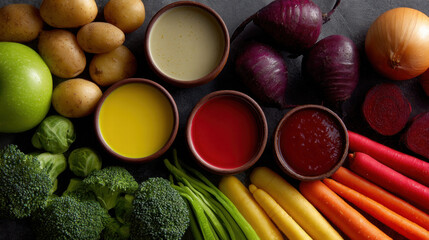 Colorful plate design for culinary school featuring fresh vegetables, vibrant sauces and natural ingredients for creative cooking inspiration