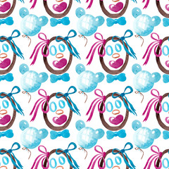Funny abstract faces and balloons. Watercolor illustrations. Seamless cheerful pattern for design of children's clothes, textiles and umbrellas