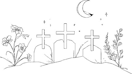 Obraz premium Tranquil cemetery scene in minimalist line art design with night sky elements