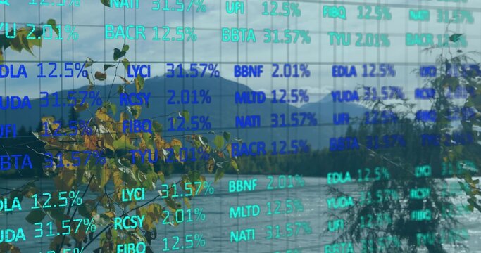 Fototapeta Displaying branch with yellow leaves hovering over lakeside hills and range, with stock tickers
