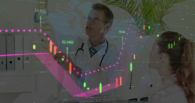 Doctor and colleague in white coats studying candlestick chart on screen in clinic with stethoscope
