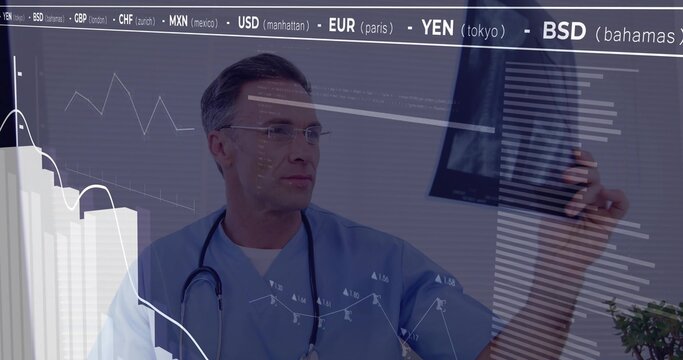 Doctor viewing X-ray film in clinic with stethoscope, eyeglasses, plant and financial data overlays
