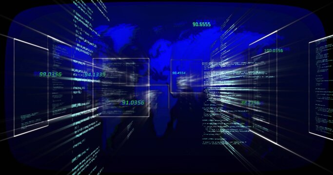 Floating world map silhouette drifting through code panels in visualization space, light streaks