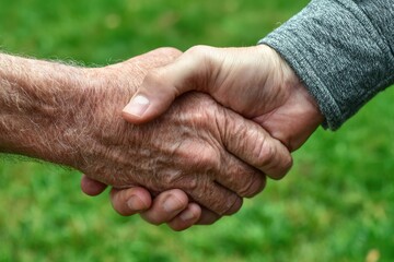 Fototapeta premium Close-up of two hands shaking. Elderly hands with visible wrinkles meet in a friendly greeting. Out-of-focus grassy background