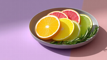 Colorful citrus fruit slices arranged on plate with rosemary create vibrant design for culinary school inspiration and freshness