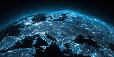 Global network map of Europe.  Detailed view of city lights