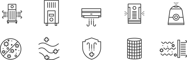 Air Purifier Item line Icon Set . Indoor, home, house, office, smart, care, safety, pollution   . Vector Illustration	
