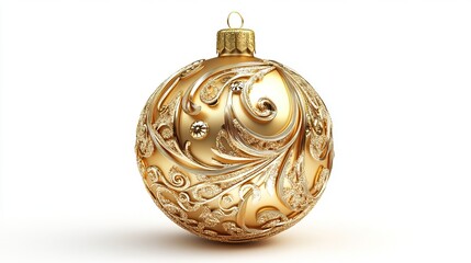 A shiny golden glass Christmas ball ornament hangs against a white background, perfect for holiday season decorations