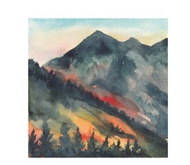 Autumn mountain landscape with a coniferous forest in watercolor