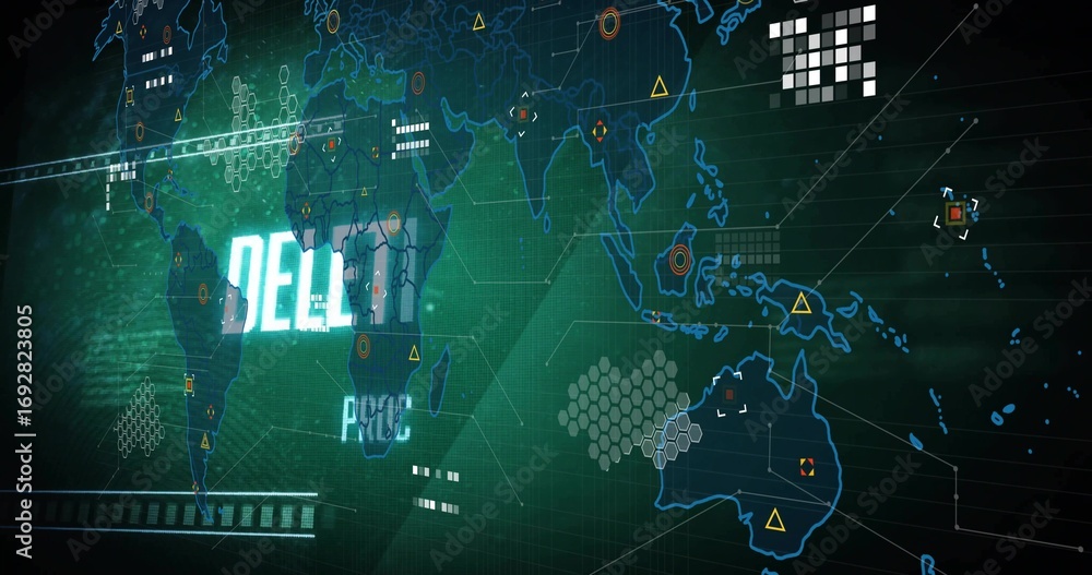 Poster world map glowing in neon grid interface, with hexagonal clusters, circular nodes and alert icons