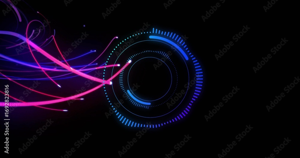 Poster displaying glowing circular digital interface receiving neon light trails in space with hud data