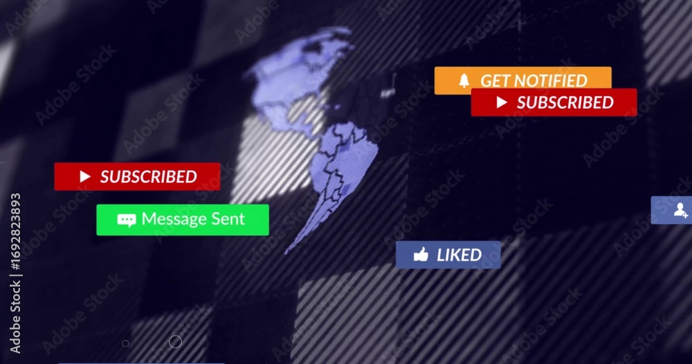 Poster displaying light blue americas map at center, showing floating notification bubbles over grid
