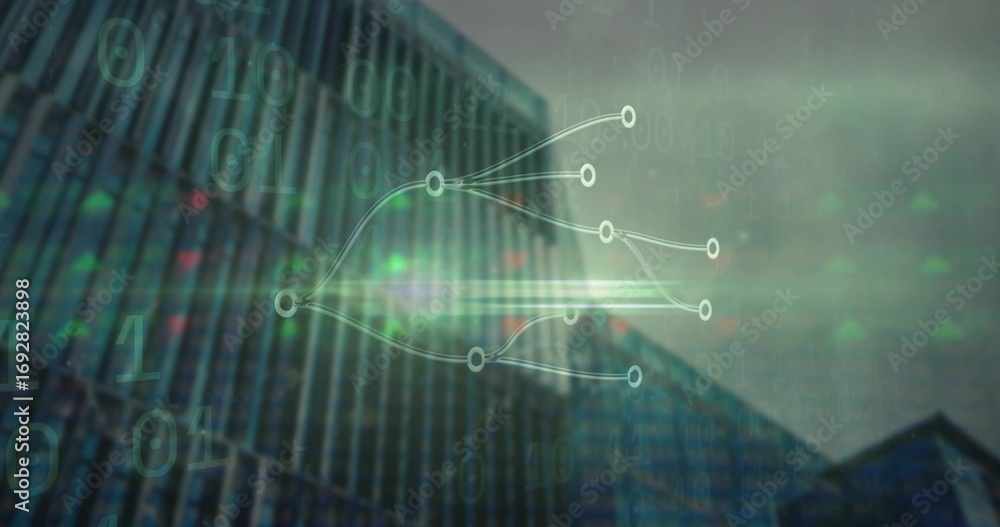 Fototapete showing network tree overlay blending facade at street-level downtown, with binary digits streaming