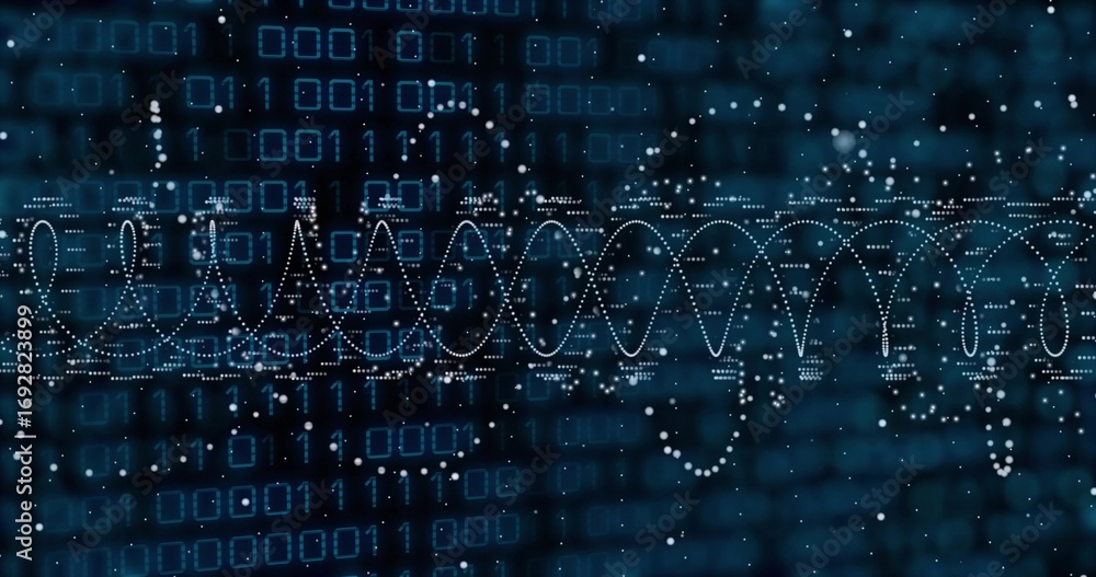 Poster flowing dotted white waveform tracing spiral curves in virtual data display, with binary digits