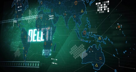 World map glowing in neon grid interface, with hexagonal clusters, circular nodes and alert icons