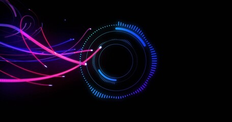 Displaying glowing circular digital interface receiving neon light trails in space with HUD data