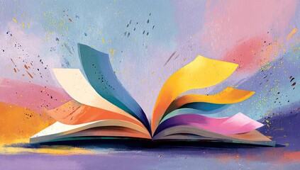 Open book with vibrant pages against a colorful background