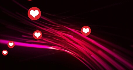 Streaming pink and red energy ribbons flowing across digital space, with floating red heart icons