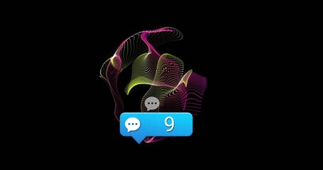 Floating blue chat bubble glowing above multicolored neon wave in dark UI, with dotted curves