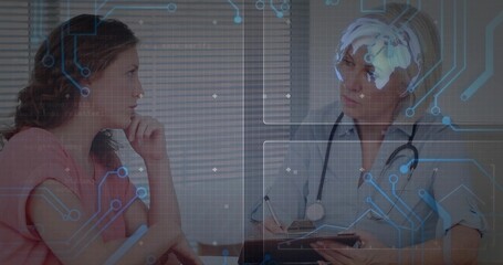 Taking notes doctor wearing coat and stethoscope in clinic with clipboard, tech overlay, copy space