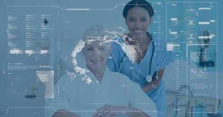 Patient wearing gown and nurse wearing scrubs viewing holographic display in ward, with stethoscope