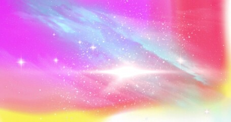 Swirling pastel nebula cloud drifting through outer space, with sparkling star flares