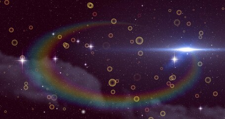 Arcing rainbow arc sweeping outer space, with starfield, nebula, bubbles and starbursts