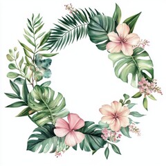 Watercolor greenery wreath with leaves and flowers, white background, pastel colors, soft lighting, clipart, illustration style, flat vector design, no shadows, high resolution, no gradient.