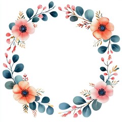 Watercolor green floral wreath with eucalyptus leaves and flowers, round frame, isolated on white background, vector illustration.