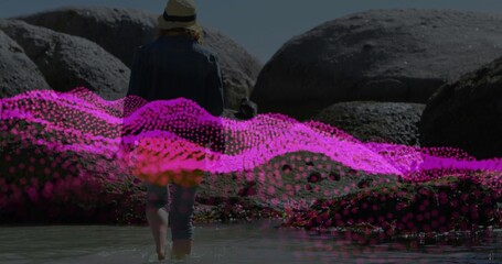 Walking straw hat denim clad woman wading toward boulders in shallow tidepool, magenta mesh overlay