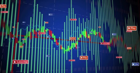 Displaying chart with green bars and candlesticks, Play buttons and Subscribe alerts on blue screen