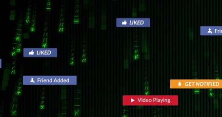 Floating panels hovering in code matrix, with blue likes, friends, orange bell and red play icons
