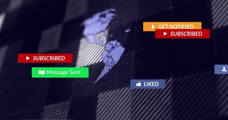 Displaying light blue Americas map at center, showing floating notification bubbles over grid