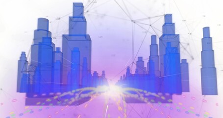 Displaying cityscape receding toward horizon, with blue towers, network nodes and particle trails