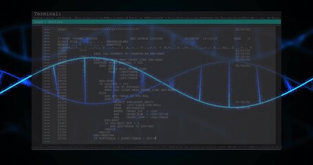 Displaying terminal running code listings in dark workspace, with blue double helix graphic