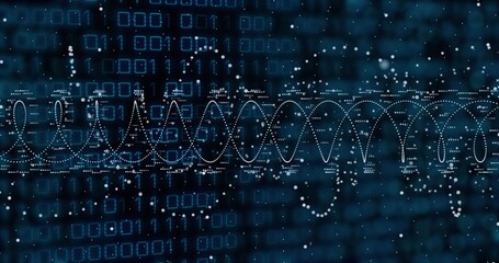 Flowing dotted white waveform tracing spiral curves in virtual data display, with binary digits